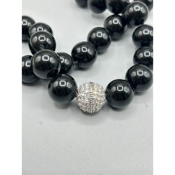 Vintage Black Beaded Glass Necklace Rhinestones Clasp Hand Knotted Fancy Jewelry - Picture 4 of 10